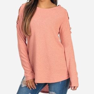 LACE UP LONG SLEEVE BOAT NECKLINE SOLID TOP